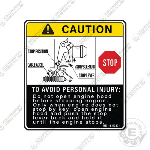 Fits Kubota Rear Hood Warning Decal Mini Excavator